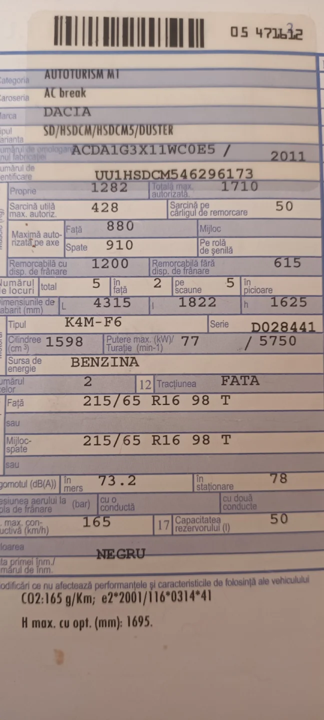 Dacia Duster 2011, Benzină 1.6, 105 CP, Negru